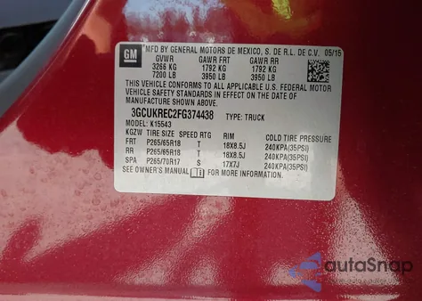 2015 Chevrolet Silverado 1500 1Lt из США, поврежденный, VIN 3GCUKREC2FG374438